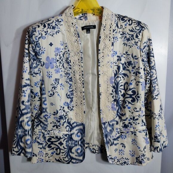 Notations Blazer Sz S Open Front Lined Crochet Cottagecore Floral Boho Romantic - Picture 1 of 13